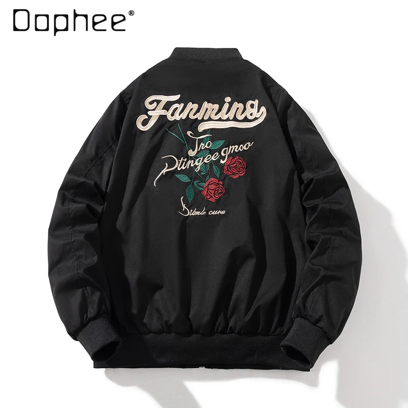 2025 Autumn Winter American Retro Rose Embroidery Black Jacket Unisex Couple Green Hooded Baseball Quilted Jacket
