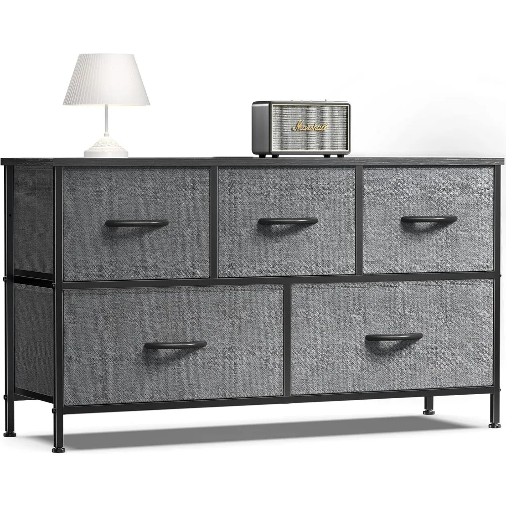 Dresser for Bedroom, 5 Storage Drawers, Wide Fabric Closet Chests Organizer Tower Furniture, TV Stand with Wooden Top Metal Fra
Dresser for Bedroom, 5 Storage Drawers, Wide Fabric Closet Chests Organizer Tower Furniture, TV Stand with Wooden Top Metal Fra