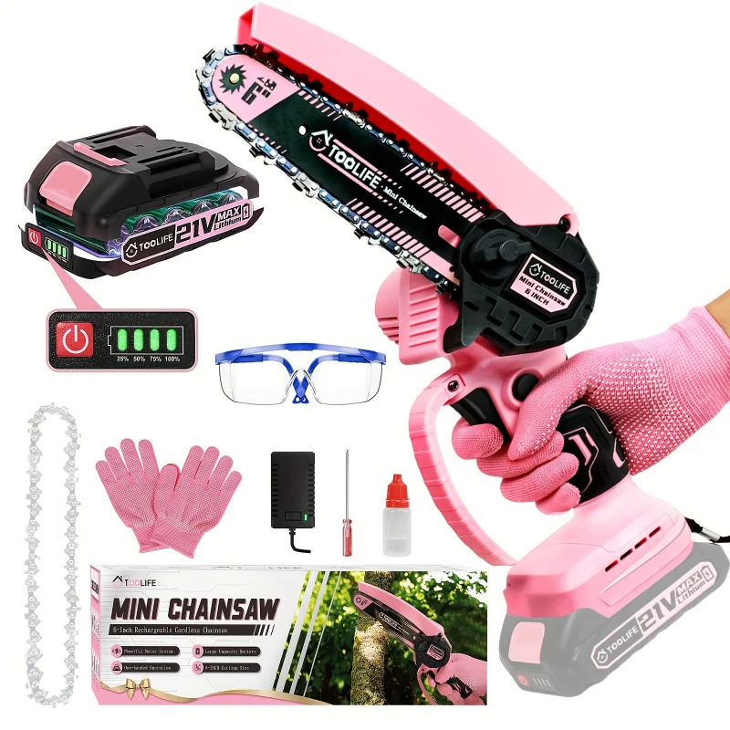 TOOLIFE 6-Inch Pink Electric Chainsaw, 550W, Battery Operated, Handheld, for Tree Trimming, Patio, and DIY Projects
TOOLIFE 6-Inch Pink Electric Chainsaw, 550W, Battery Operated, Handheld, for Tree Trimming, Patio, and DIY Projects