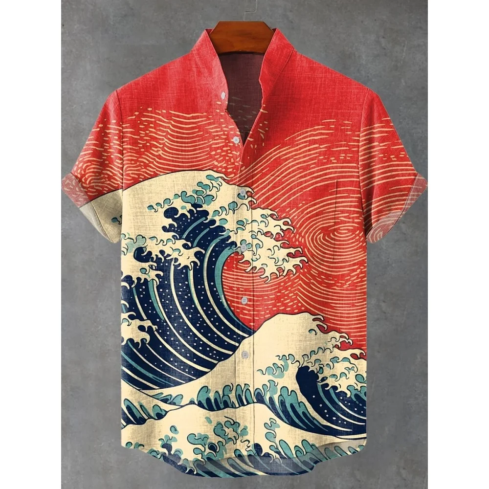 Men's Summer Casual Button Top Short Sleeved Blue Wave Pattern Linen Hawaiian Vacation Shirt Vintage Clothes 
Men's Summer Casual Button Top Short Sleeved Blue Wave Pattern Linen Hawaiian Vacation Shirt Vintage Clothes