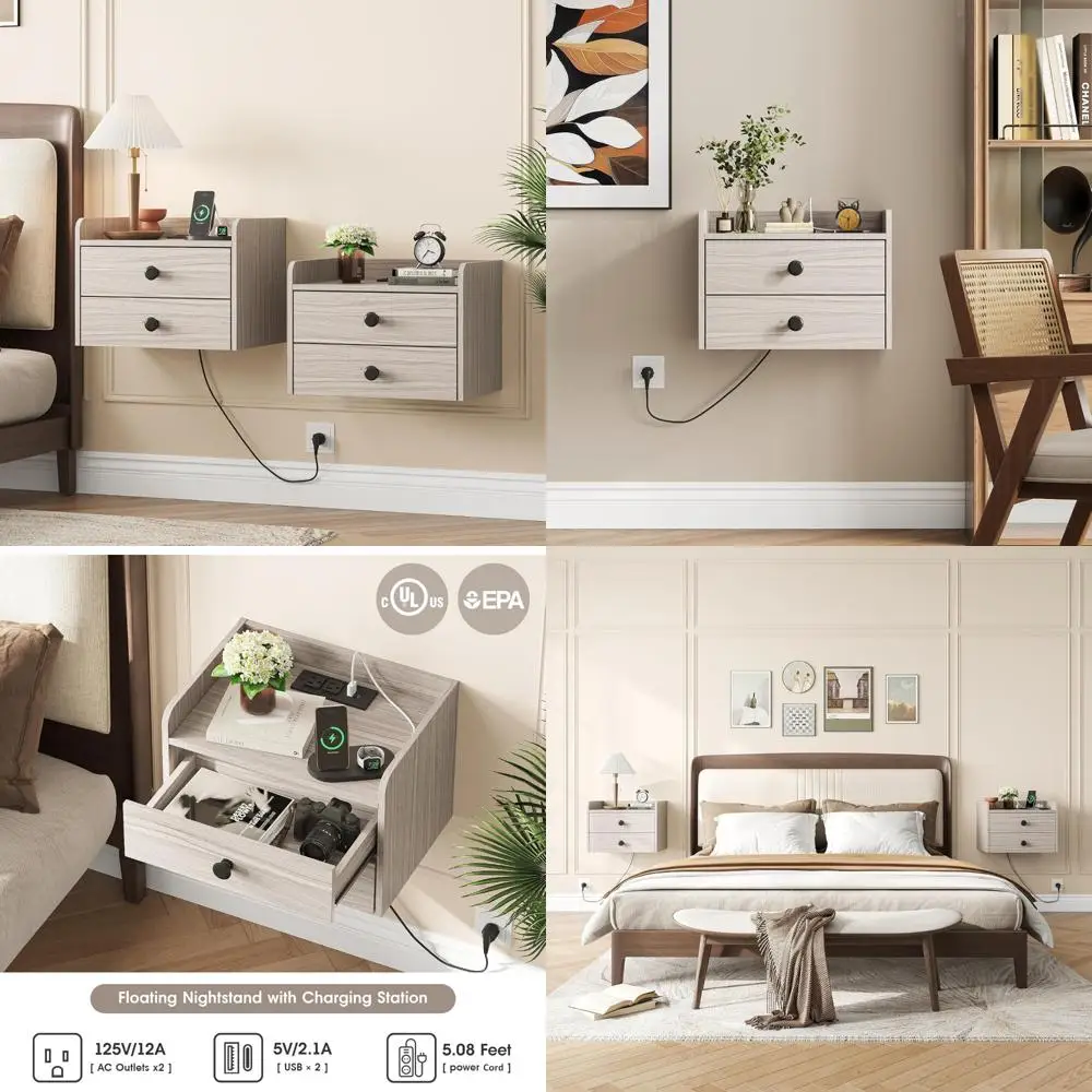 Пара современных настенных тумбочек с двойными ящиками и зарядной станцией для прикроватного хранения вещей
Пара современных настенных тумбочек с двойными ящиками и зарядной станцией для прикроватного хранения вещей