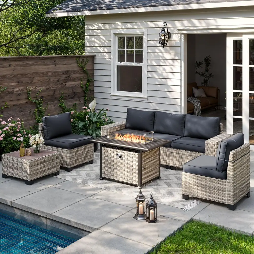 Pieces Outdoor Patio Furniture Set with 55,000 BTU Propane Fire Pit Table, PE Wicker Rattan Sectional Sofa Patio Conversation S
Pieces Outdoor Patio Furniture Set with 55,000 BTU Propane Fire Pit Table, PE Wicker Rattan Sectional Sofa Patio Conversation S