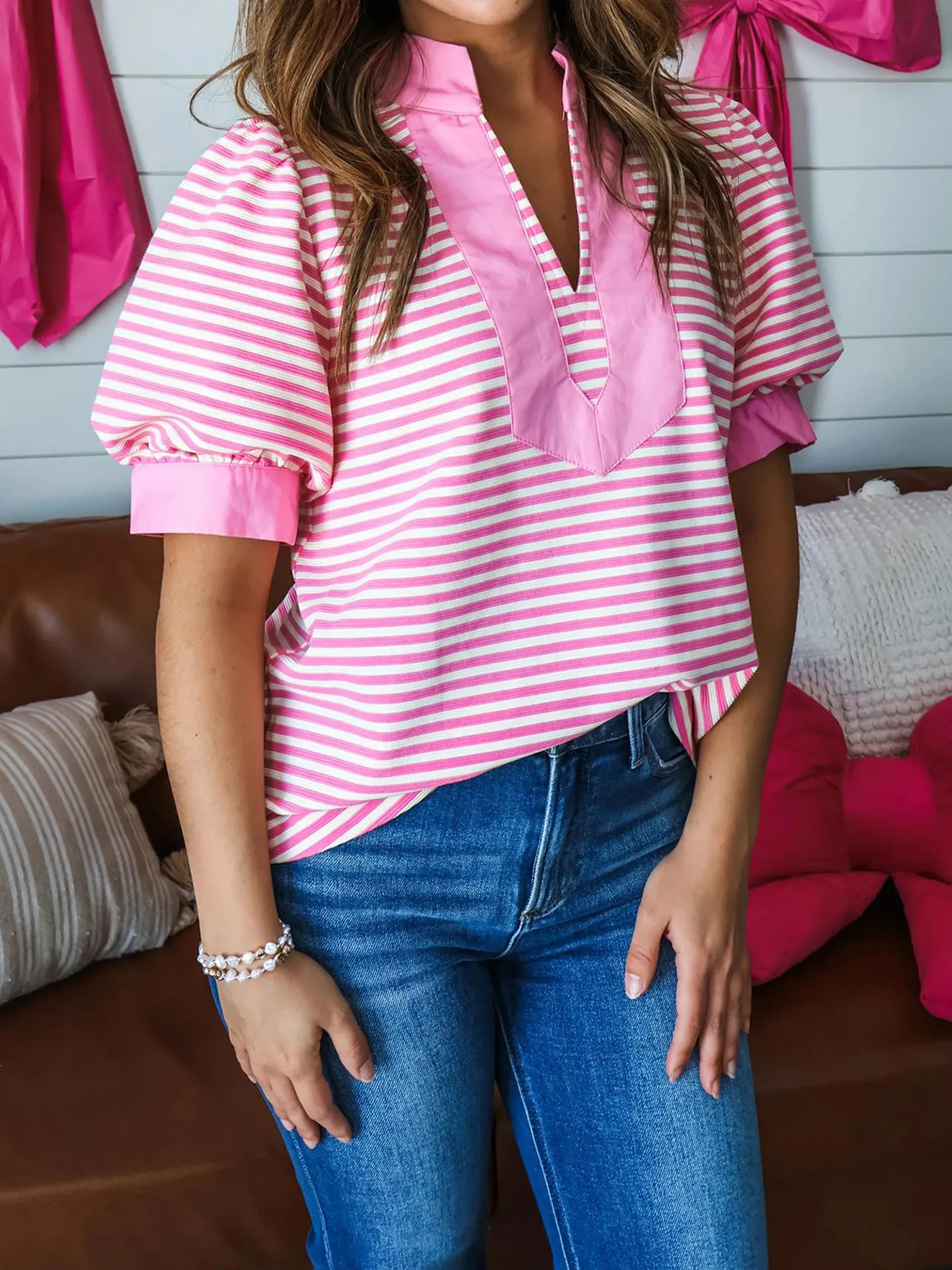 DearLover Women's V-neck Stripe Bubble Sleeve Shirt Summer New Style Color Block Slimming Pullover Casual Loose Fit Polyester...
DearLover Women's V-neck Stripe Bubble Sleeve Shirt Summer New Style Color Block Slimming Pullover Casual Loose Fit Polyester...