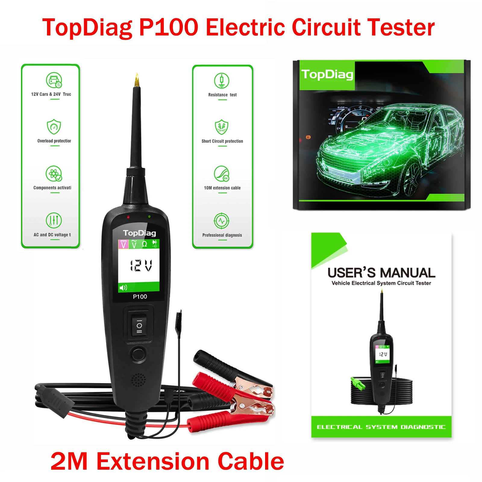 TopDiag P100 Electric Circuit Tester With 2M Extension Cable Automotive Circuit System Tester P100 0V-70V Circuit Anazyler
TopDiag P100 Electric Circuit Tester With 2M Extension Cable Automotive Circuit System Tester P100 0V-70V Circuit Anazyler