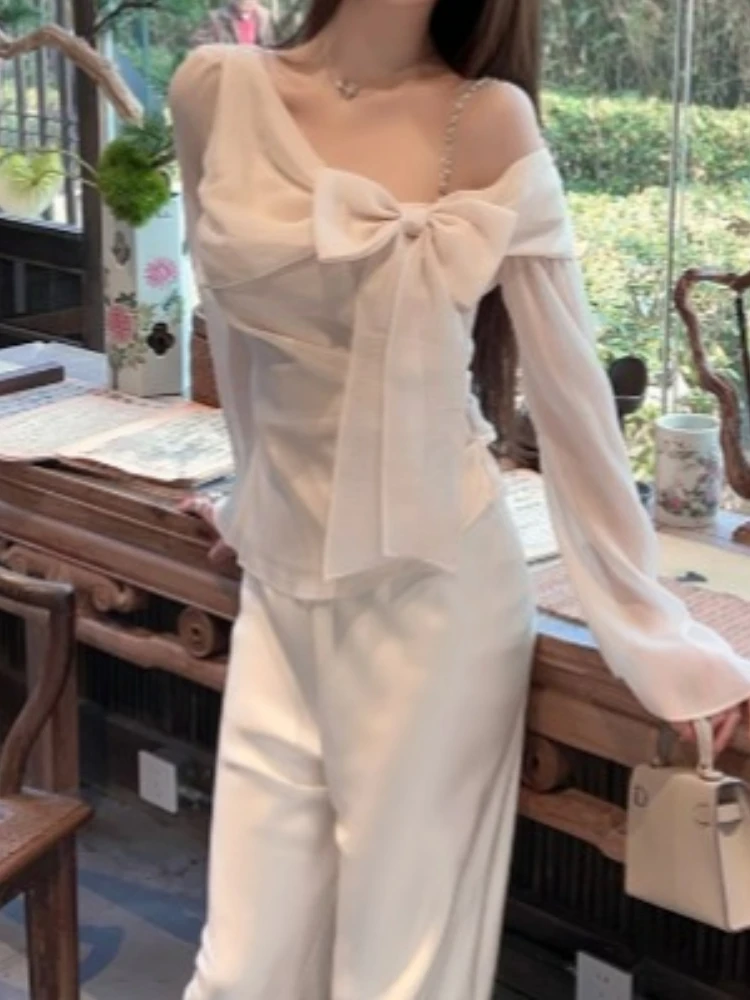 Summer Elegant Pearlescent White 2-Piece Set Women's Sexy Open Shoulder 3D Bow Chiffon Shirt Top+High Waist Wide Leg Pants Suit
Summer Elegant Pearlescent White 2-Piece Set Women's Sexy Open Shoulder 3D Bow Chiffon Shirt Top+High Waist Wide Leg Pants Suit