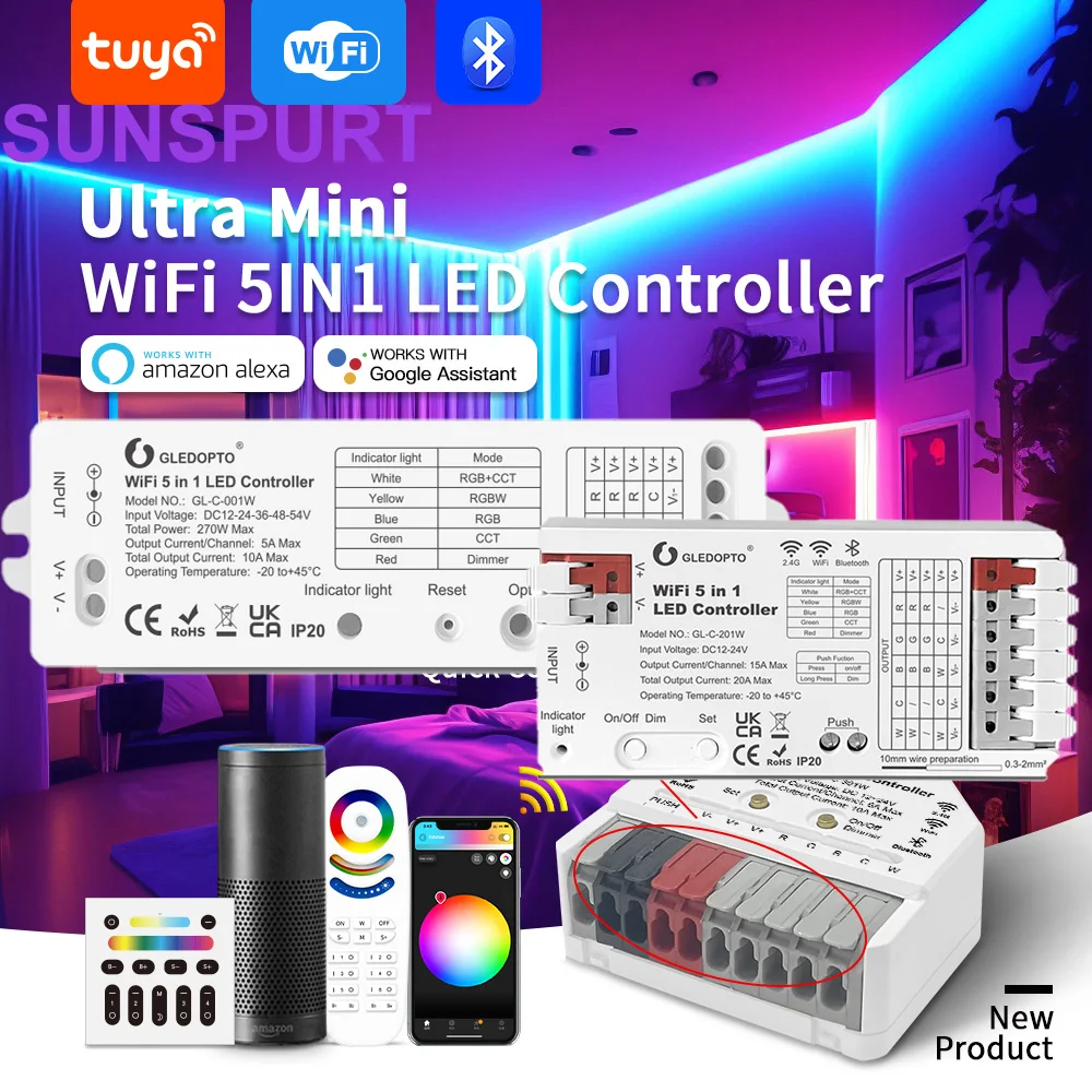 5Matter WLED WIFI 5in1 WiFi LED Controller DC12V-24V Tuya Smart Alexa Google Home RGBCCT RGBW CCT DIM RGB LED Strip Light Switch
5Matter WLED WIFI 5in1 WiFi LED Controller DC12V-24V Tuya Smart Alexa Google Home RGBCCT RGBW CCT DIM RGB LED Strip Light Switch