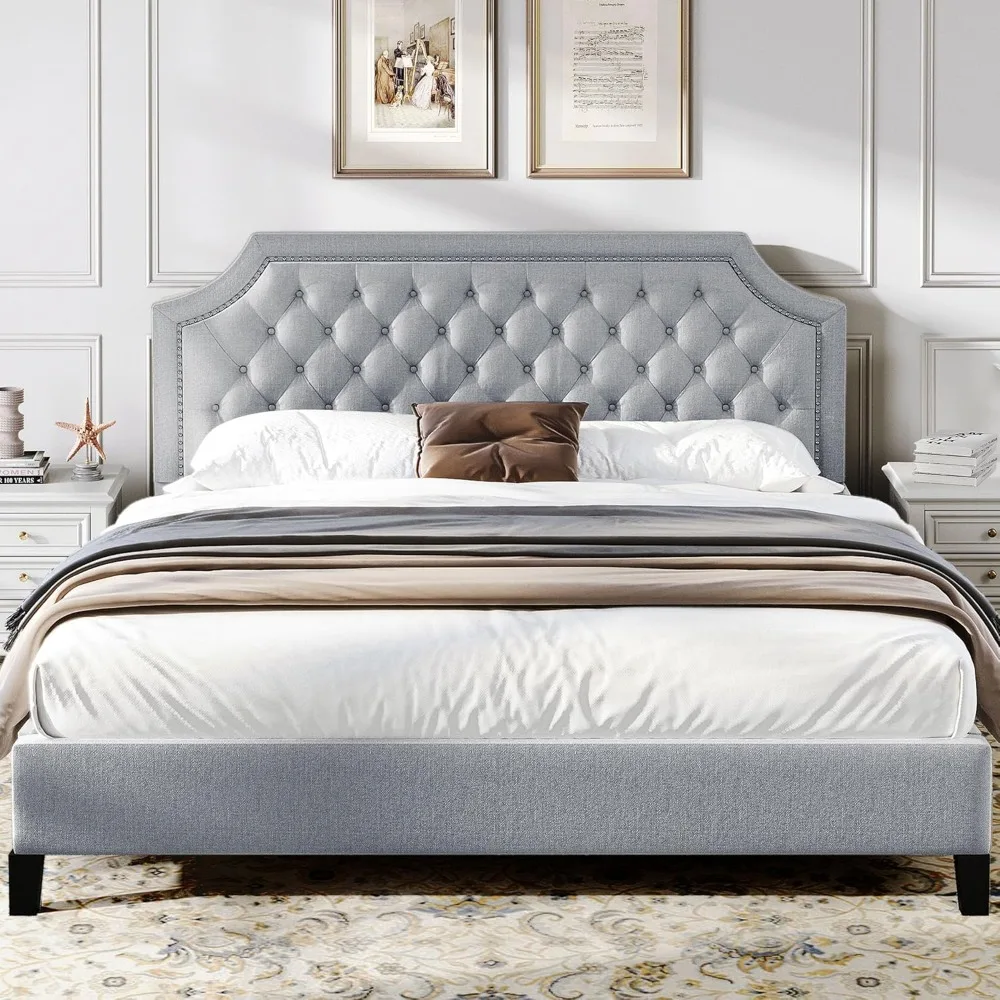King Size Bed Frame w Headboard, Grey Linen Upholstered Platform Bed Frame w Adjustable Nail Headboard, 12'' Under-Bed Storage
King Size Bed Frame w Headboard, Grey Linen Upholstered Platform Bed Frame w Adjustable Nail Headboard, 12'' Under-Bed Storage