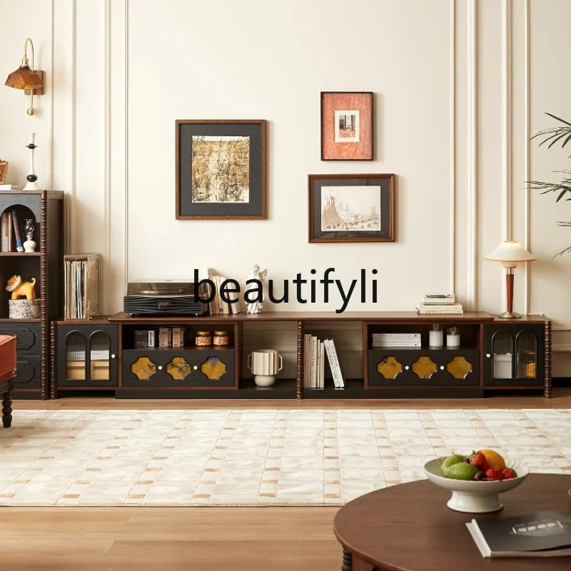 French retro solid wood TV cabinet with integrated storage and storage, household telescopic TV floor cabinet
French retro solid wood TV cabinet with integrated storage and storage, household telescopic TV floor cabinet