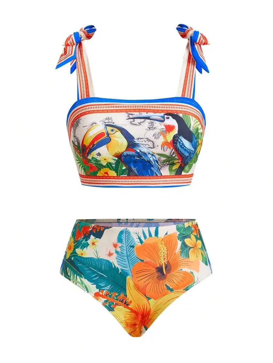 Tropical Print Tankini Bikini Set With Knot Detail For Summer Beach Vacation
Tropical Print Tankini Bikini Set With Knot Detail For Summer Beach Vacation
