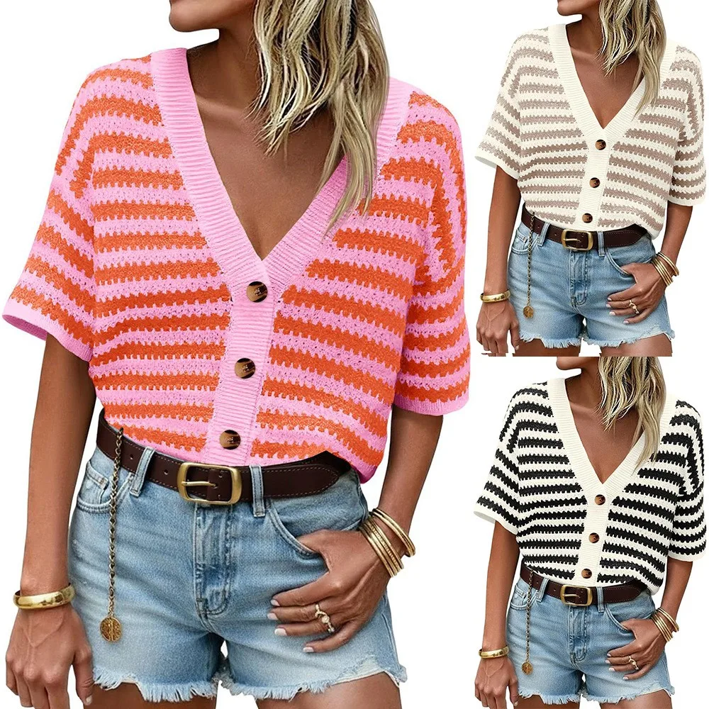 Summer Women Cardigan V Neck Knit Cropped Loose Fit Open Front Sweater Orange Pink Lightweight Casual Top With Ribbed Trim
Summer Women Cardigan V Neck Knit Cropped Loose Fit Open Front Sweater Orange Pink Lightweight Casual Top With Ribbed Trim