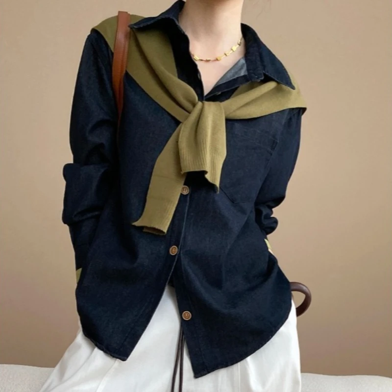 Two Pieces Women Denim Shirt Solid Blouses Knitted Cape Shawl Button Pocket Turn Down Collar Shirts Loose Fit Casual 2025 Autumn
Two Pieces Women Denim Shirt Solid Blouses Knitted Cape Shawl Button Pocket Turn Down Collar Shirts Loose Fit Casual 2025 Autumn