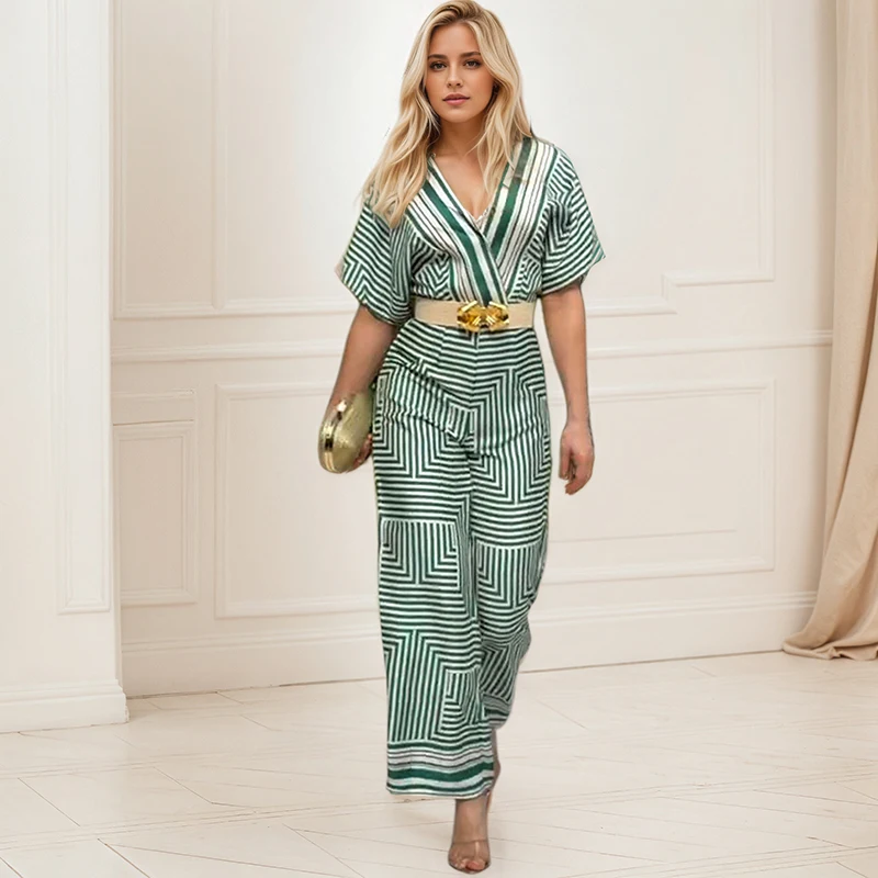England Style Art Long Jumpsuits Fashion Trend Geometric Striped Printing V Neck Short Sleeves Straight Jumpsuits For Women
England Style Art Long Jumpsuits Fashion Trend Geometric Striped Printing V Neck Short Sleeves Straight Jumpsuits For Women