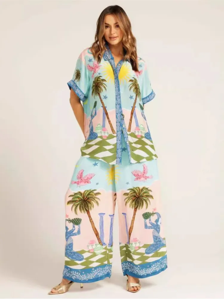 Pants Sets For Women 2025 Summer Fashion Printed Half Sleeve Shirt Suits Casual Loose High Waisted Female Wide Leg Pants Outfits
Pants Sets For Women 2025 Summer Fashion Printed Half Sleeve Shirt Suits Casual Loose High Waisted Female Wide Leg Pants Outfits