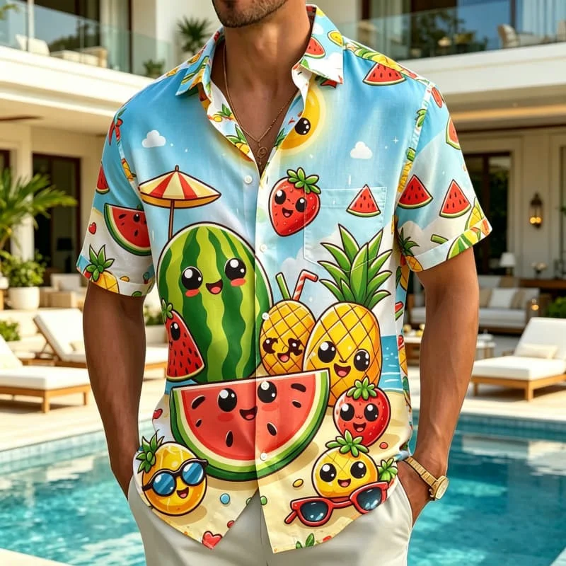 Men's tropical cartoon style printed short sleeved shirt with pockets, fun vacation style, for pool parties & summer activities
Men's tropical cartoon style printed short sleeved shirt with pockets, fun vacation style, for pool parties & summer activities