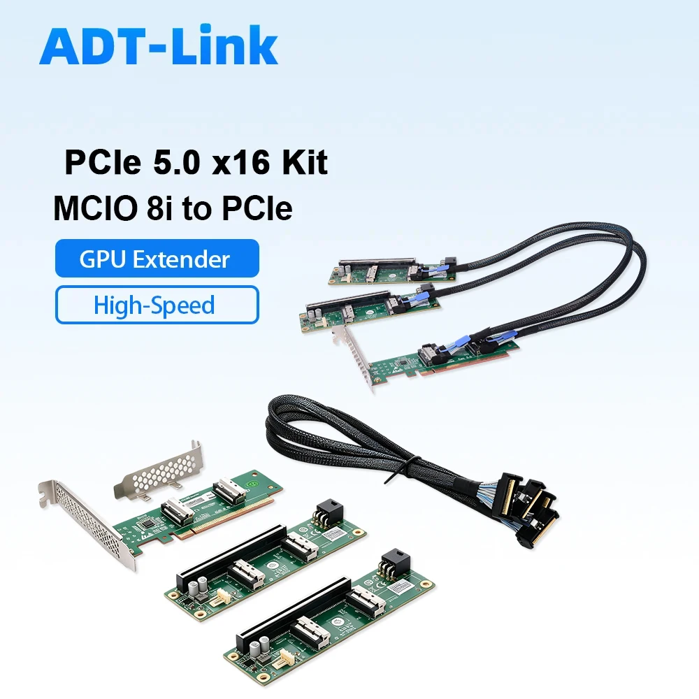 PCIe 5.0 X16 To Dual MCIO Adapter Kit External GPU Graphics Card Expansion Base + Cable Low-Loss Splitter for eGPU/Server Use