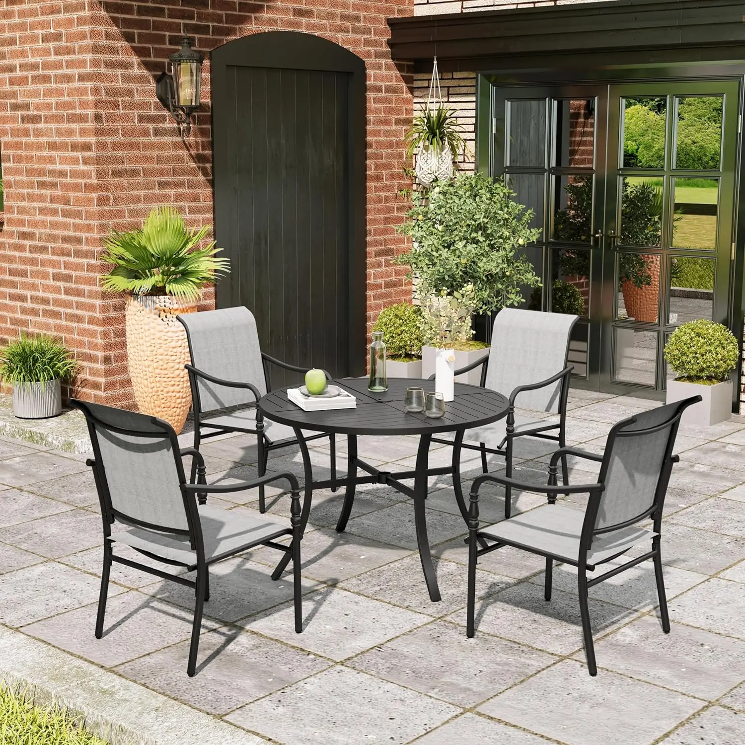 5 Piece Patio Dining Set 4 Textilene Chairs 42 Inch Round Outdoor Table 157 Inch Umbrella Hole For Garden Lawn Porch Backyard Po
5 Piece Patio Dining Set 4 Textilene Chairs 42 Inch Round Outdoor Table 157 Inch Umbrella Hole For Garden Lawn Porch Backyard Po