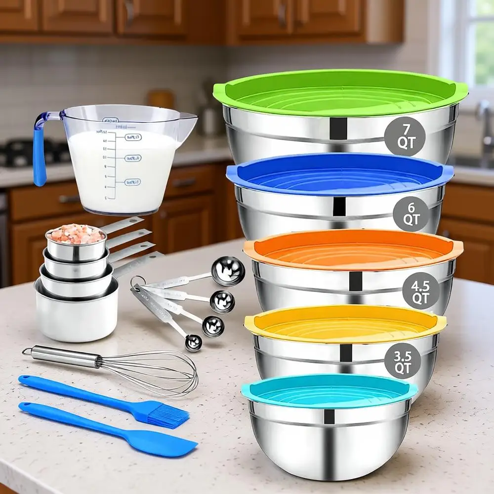 22-Piece Stainless Steel Mixing Bowls Set with Lids, Nesting Bowls from 2.5 to 7 Quarts, Measuring Cups and Spoons for Kitchen P
22-Piece Stainless Steel Mixing Bowls Set with Lids, Nesting Bowls from 2.5 to 7 Quarts, Measuring Cups and Spoons for Kitchen P