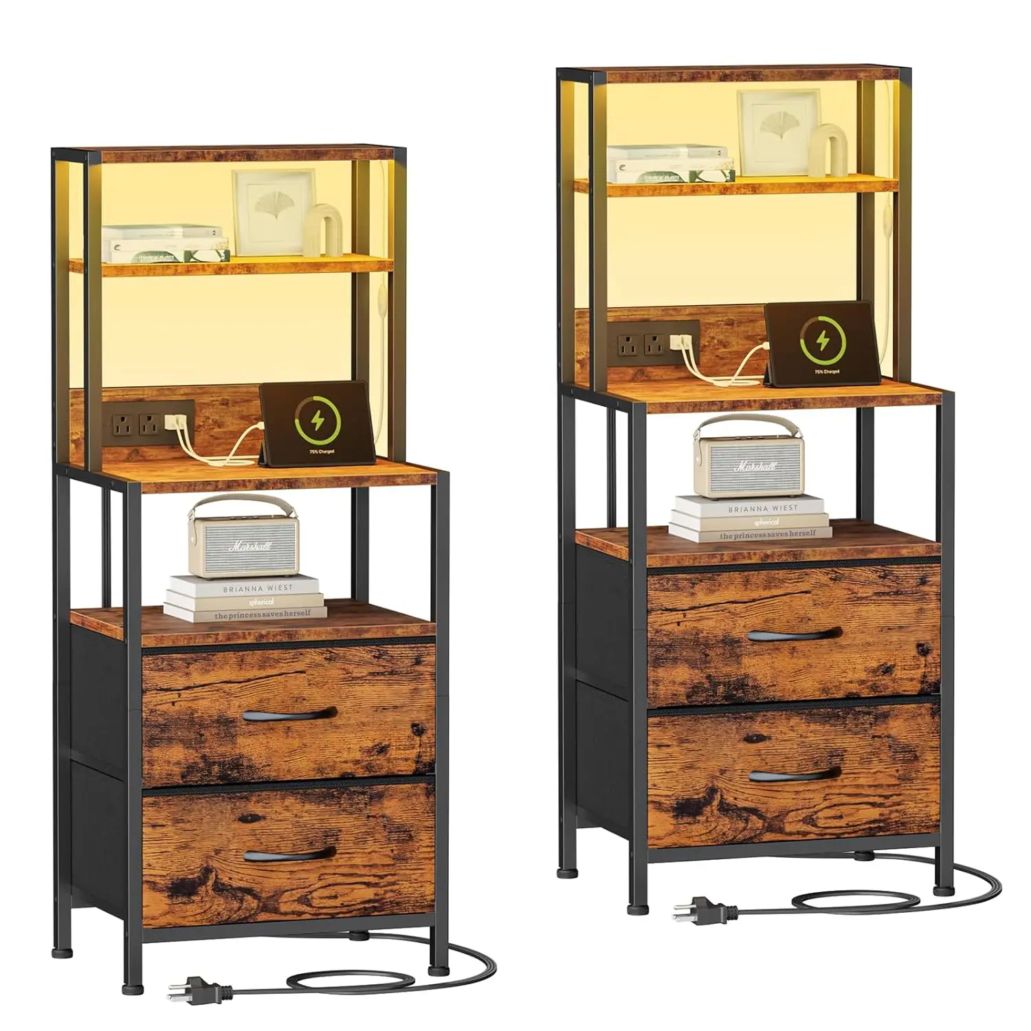 Tall Nightstand Set 2 USB Charger 2 Fabric Drawers LED Light 4-Tier Shelves Bedside Table Bedroom Office Brown Customized
Tall Nightstand Set 2 USB Charger 2 Fabric Drawers LED Light 4-Tier Shelves Bedside Table Bedroom Office Brown Customized