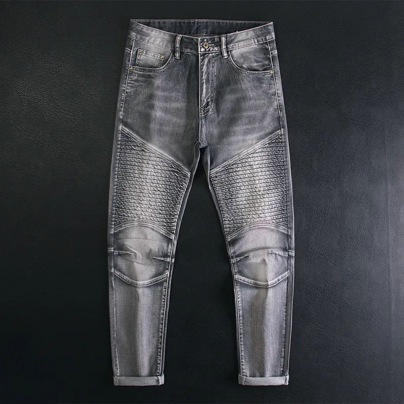 High end spliced jeans men's motorcycle riding pants, personalized and trendy American elastic slim fit small leg pants
High end spliced jeans men's motorcycle riding pants, personalized and trendy American elastic slim fit small leg pants