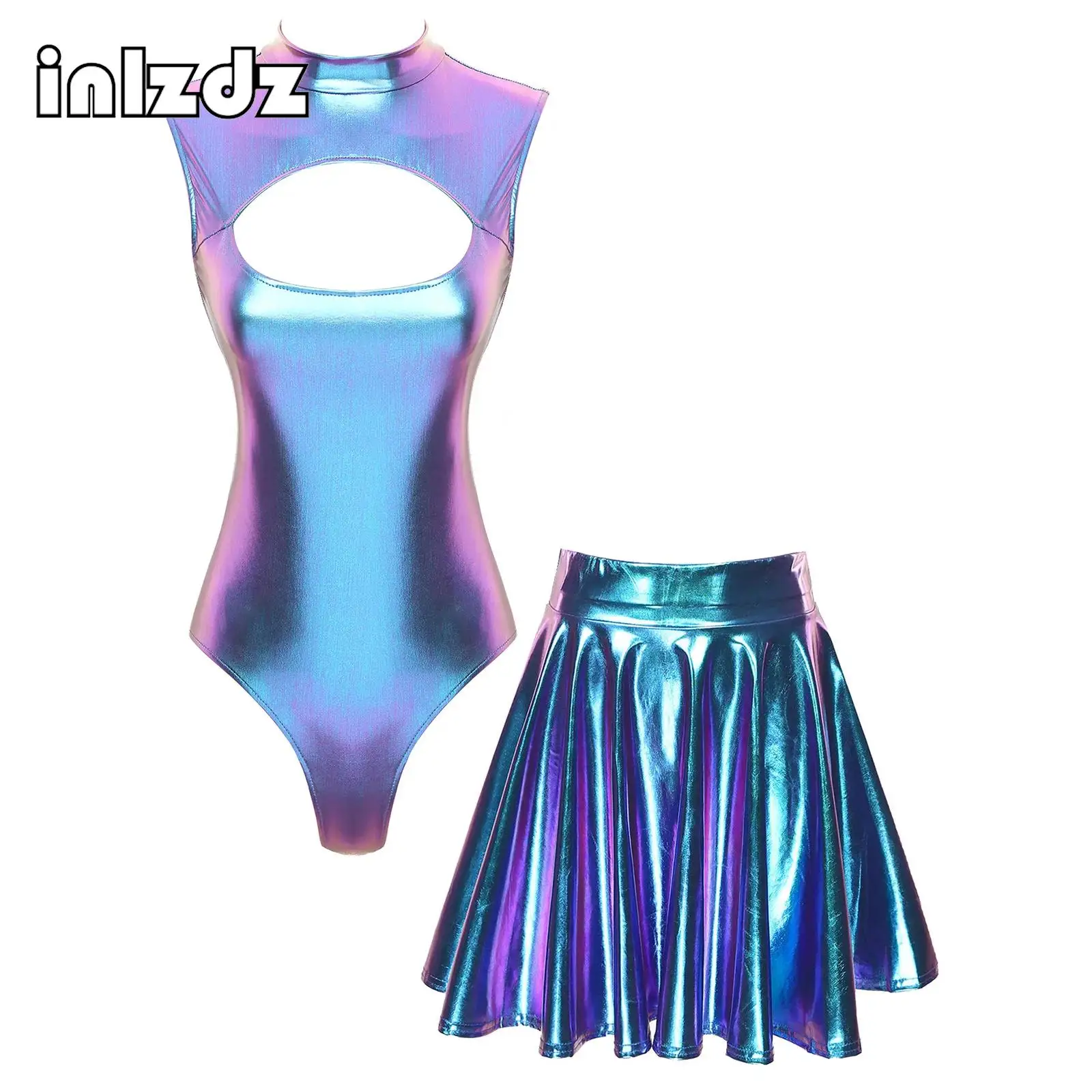 Womens Two Piece Swimwear Sportwear Sleeveless Metallic Cutout Bodysuits with Skirts Pool Party Nightclub Performance Costumes
Womens Two Piece Swimwear Sportwear Sleeveless Metallic Cutout Bodysuits with Skirts Pool Party Nightclub Performance Costumes