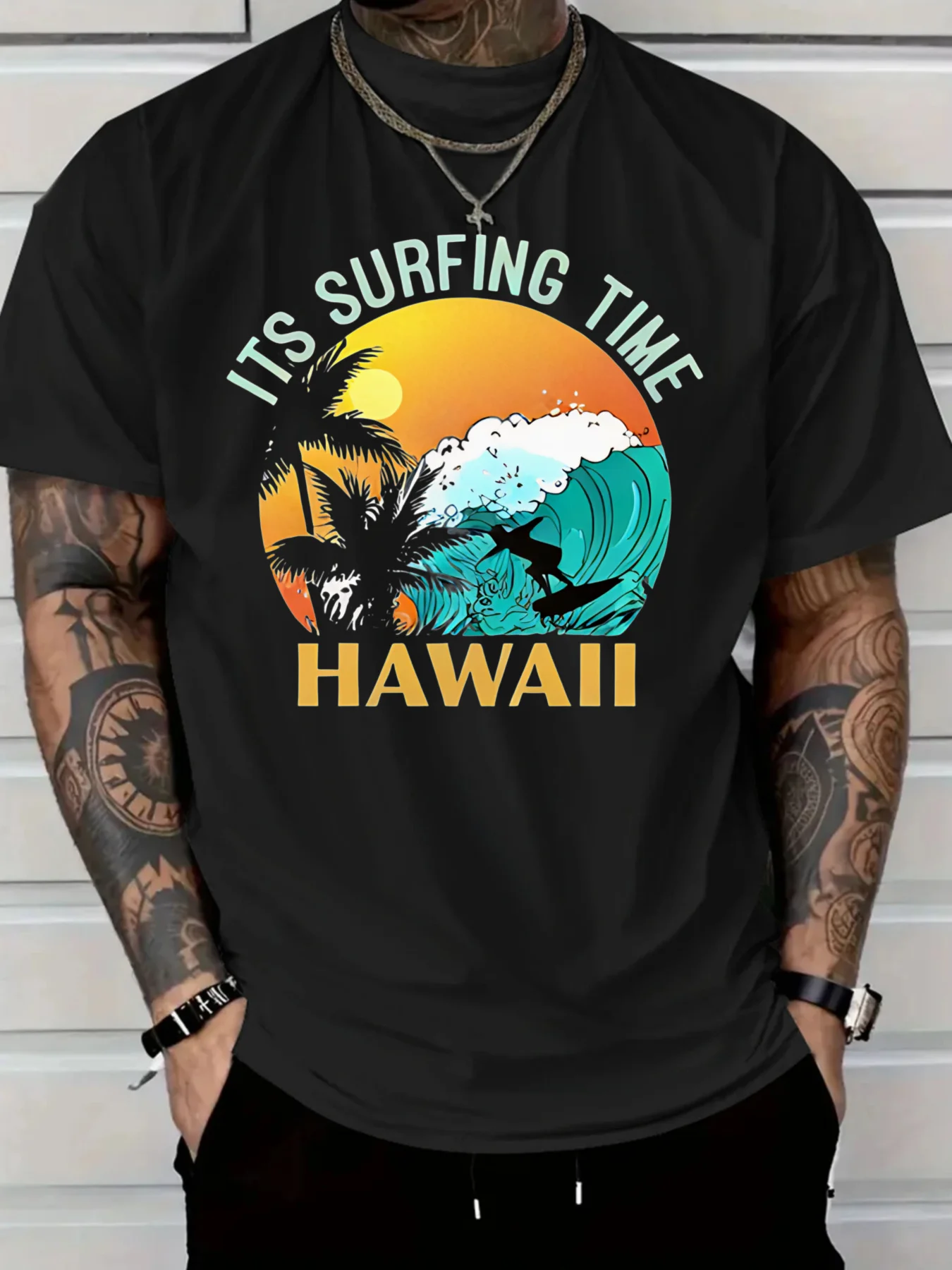 Мужская футболка из чистого хлопка с рисунком «Это время серфинга», Гавайский дизайн, летняя пляжная одежда, повседневная футболка с коротким рукавом
Мужская футболка из чистого хлопка с рисунком «Это время серфинга», Гавайский дизайн, летняя пляжная одежда, повседневная футболка с коротким рукавом