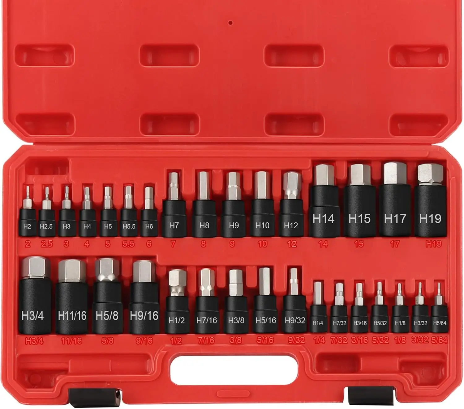 Hex Impact Bit Socket Set, 32-Piece Allen Socket Set SAE and Metric 1/4" 3/8" 1/2" Drives, S2 Alloy Steel and CR-V Bit Sockets
Hex Impact Bit Socket Set, 32-Piece Allen Socket Set SAE and Metric 1/4" 3/8" 1/2" Drives, S2 Alloy Steel and CR-V Bit Sockets