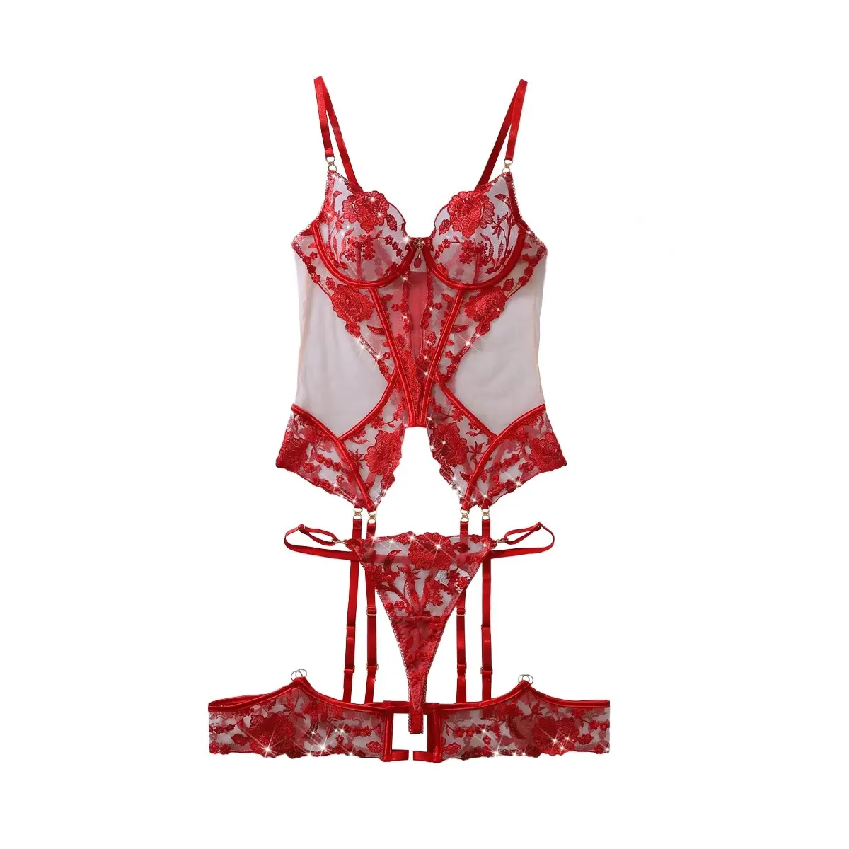 New red heavy industry rose embroidery slim fit perspective inlaid gemstone decoration sexy lingerie three piece set
New red heavy industry rose embroidery slim fit perspective inlaid gemstone decoration sexy lingerie three piece set