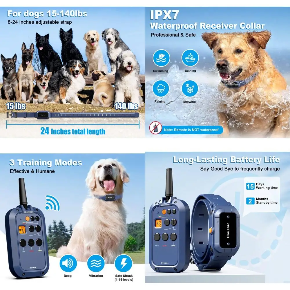 Remote-Controlled Dog Training Collar: Waterproof, 3 Modes, 1-16 Shock Levels for 15-140lbs Dogs
Remote-Controlled Dog Training Collar: Waterproof, 3 Modes, 1-16 Shock Levels for 15-140lbs Dogs