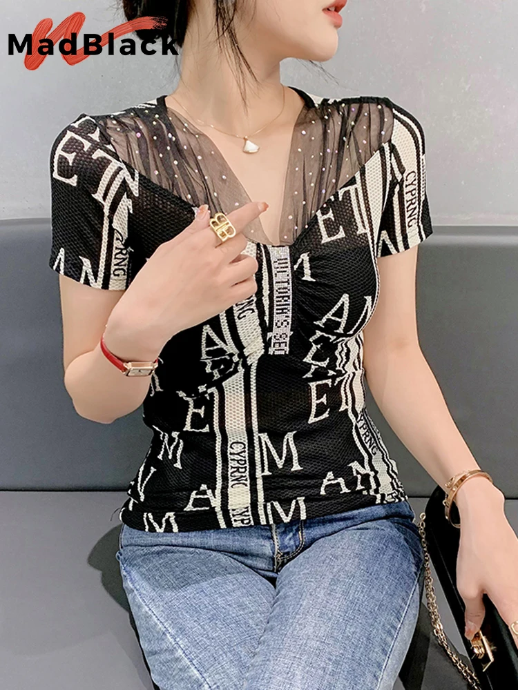 MadBlack Summer T-Shirt Chic Sexy V Necks Graphic Mesh Glitter Rhinestone Women Slim Tops Short Sleeve Hand Make Tees T34608C
MadBlack Summer T-Shirt Chic Sexy V Necks Graphic Mesh Glitter Rhinestone Women Slim Tops Short Sleeve Hand Make Tees T34608C