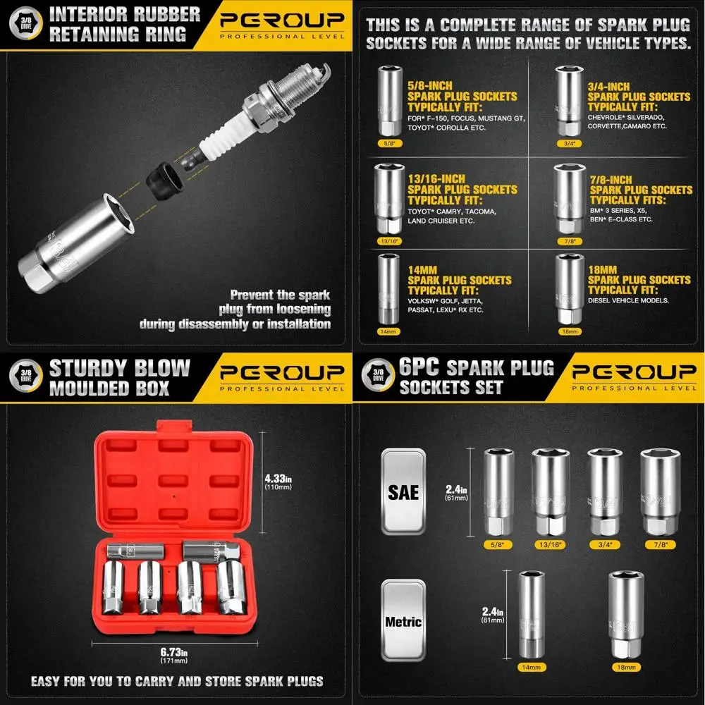 6PCS 3/8-Inch Drive Spark Plug Socket Set, 6-Point, SAE and Metric, 5/8-inch, 3/4-inch, 13/16-inch, 7/8-inch, 14mm, 18mm, CR-V S
6PCS 3/8-Inch Drive Spark Plug Socket Set, 6-Point, SAE and Metric, 5/8-inch, 3/4-inch, 13/16-inch, 7/8-inch, 14mm, 18mm, CR-V S