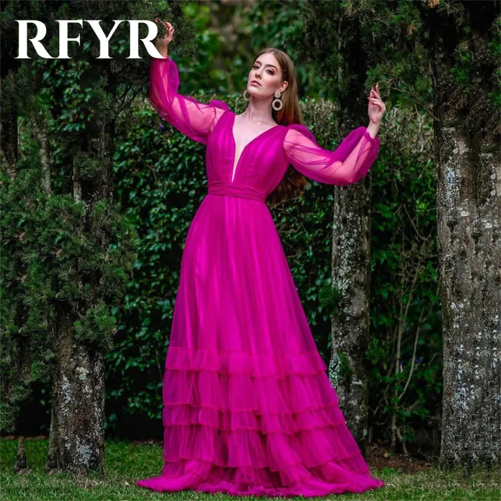 RFYR Fuchsia Prom Dress A-Line Tulle Long Sleeves Evening Dress 2024 Sexy V-Neck Open Back Party Dress Gentle Multi-layer فساتين
RFYR Fuchsia Prom Dress A-Line Tulle Long Sleeves Evening Dress 2024 Sexy V-Neck Open Back Party Dress Gentle Multi-layer فساتين