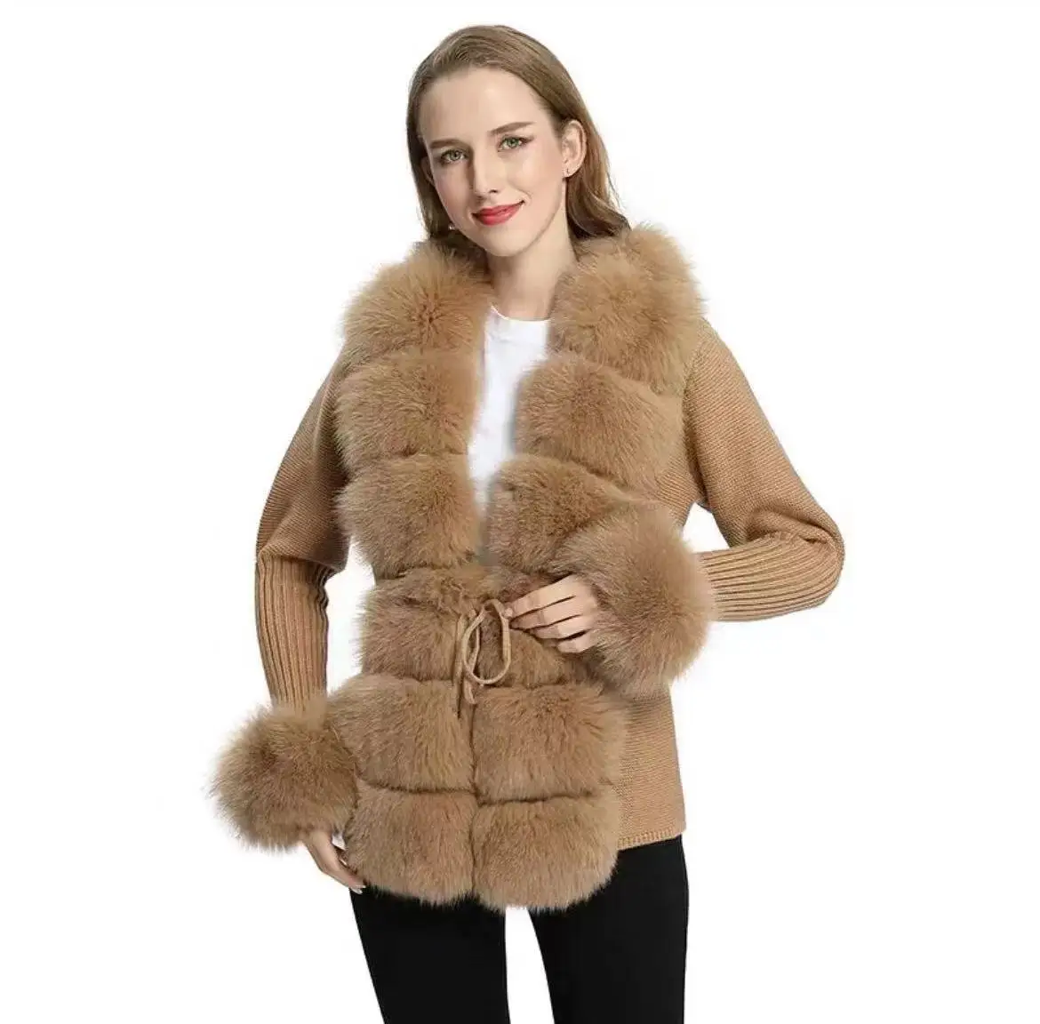Autumn Fur Patchwork Knitted Cardigan For Women Long Sleeved Solid Color Lace-up Sweater Elegant Ladies Coat
Autumn Fur Patchwork Knitted Cardigan For Women Long Sleeved Solid Color Lace-up Sweater Elegant Ladies Coat