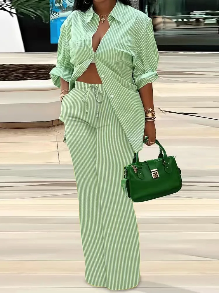 Stripe Print Top And Pants Matching Suit Chic Office Lady Lapel Shirt Trousers Outfits Casual Loose Summer Women Slim Pants Set
Stripe Print Top And Pants Matching Suit Chic Office Lady Lapel Shirt Trousers Outfits Casual Loose Summer Women Slim Pants Set
