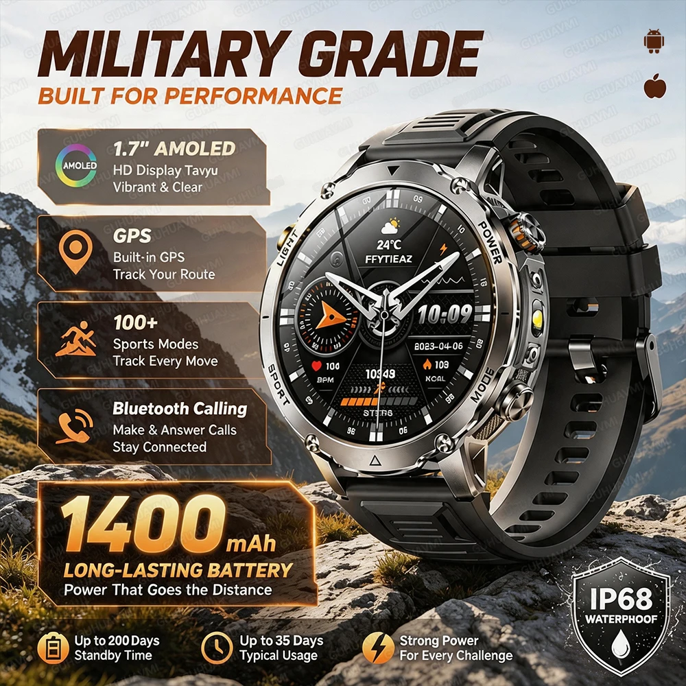 2026 New Military 1400mAh Battery Smart Watch IP68 Waterproof Swim GPS Path 1.7" AMOLED SOS Call Flashlight Sports Smartwatch
2026 New Military 1400mAh Battery Smart Watch IP68 Waterproof Swim GPS Path 1.7" AMOLED SOS Call Flashlight Sports Smartwatch