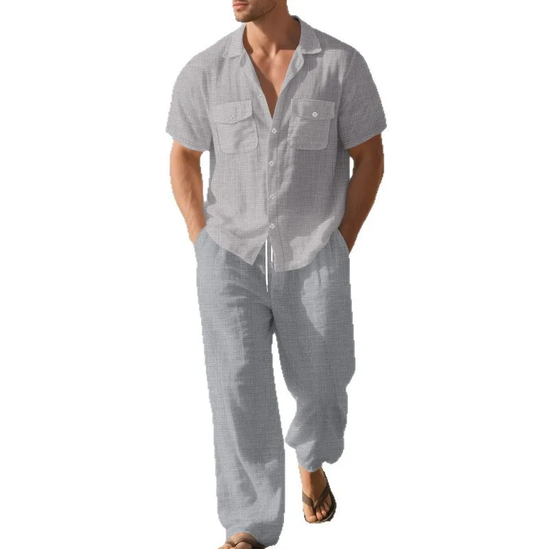 Men Casual Autumn Linen Lapel Short Sleeve Shirt Drawstring Pants Two Piece Beach Set
Men Casual Autumn Linen Lapel Short Sleeve Shirt Drawstring Pants Two Piece Beach Set
