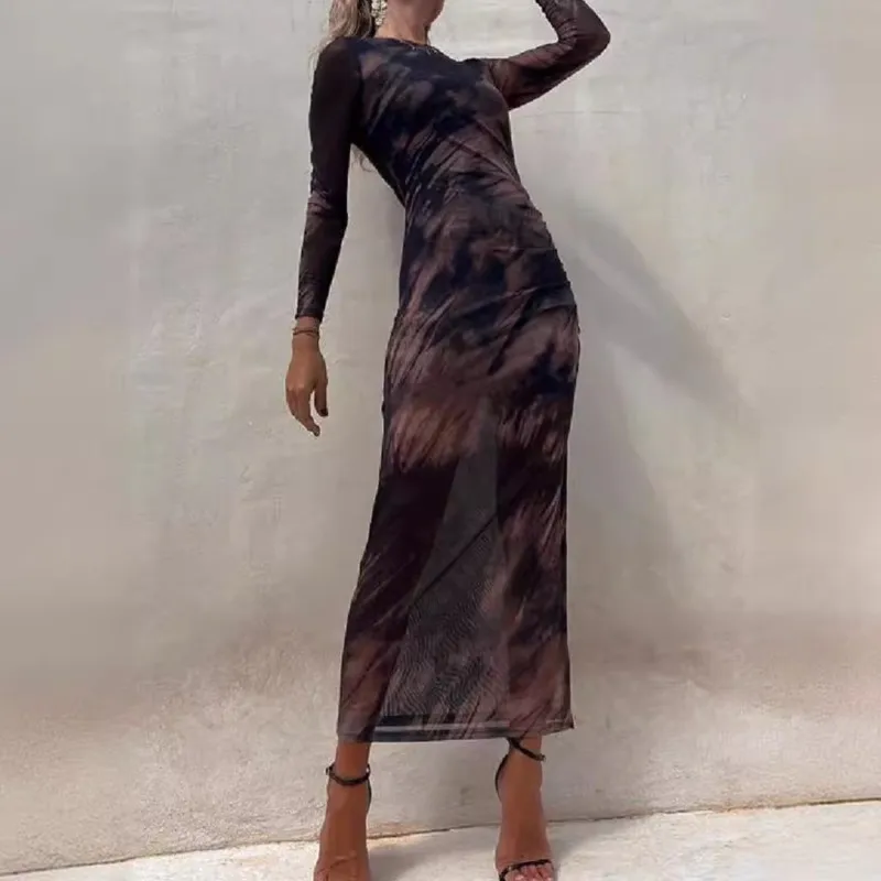 Trendy Tie-Dye See-through Mesh Dress Long Sleeve Ruched Waist Slim Fitted Elegant High Split Vacation Party Dresses Spring Fall
Trendy Tie-Dye See-through Mesh Dress Long Sleeve Ruched Waist Slim Fitted Elegant High Split Vacation Party Dresses Spring Fall