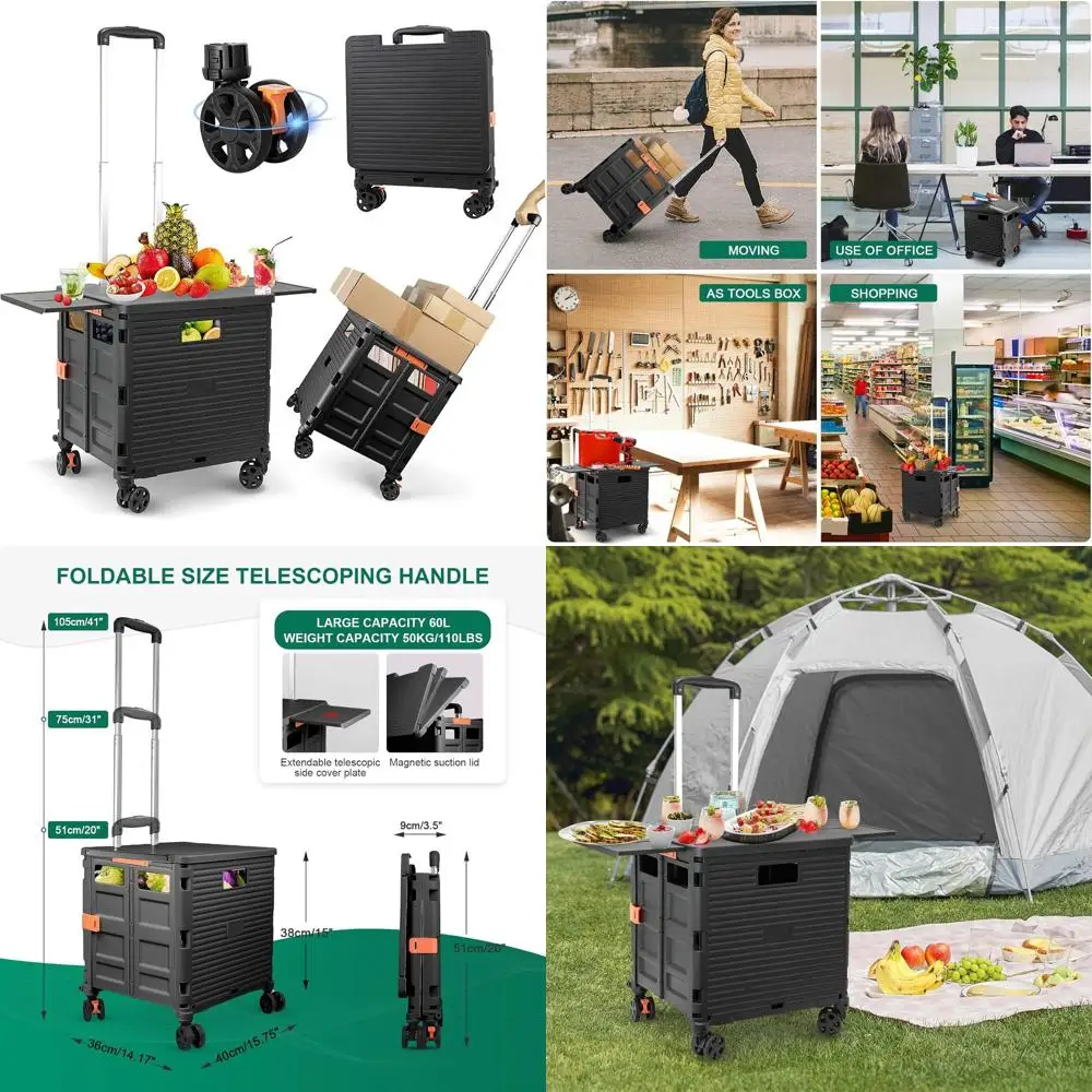 Portable Folding Utility Cart with Magnetic Lid and Telescoping Handle, 360° Swivel Wheels for Various Uses
Portable Folding Utility Cart with Magnetic Lid and Telescoping Handle, 360° Swivel Wheels for Various Uses