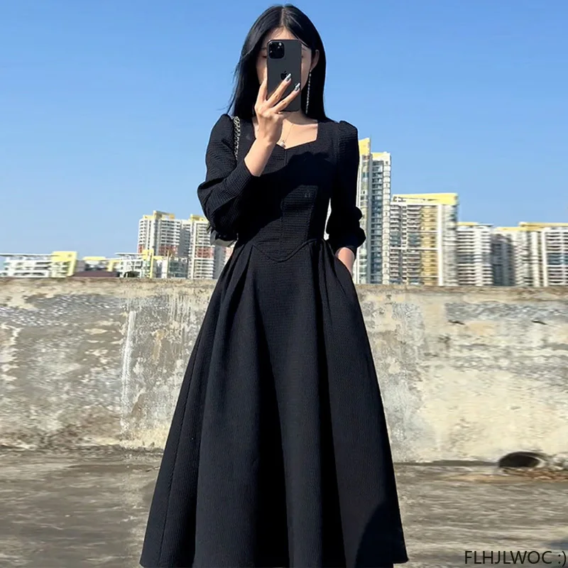 Retro High Waist French Design Dress Vintage Women Elegant Annual Meeting European Square Neck Elegant Black Long Dress
Retro High Waist French Design Dress Vintage Women Elegant Annual Meeting European Square Neck Elegant Black Long Dress