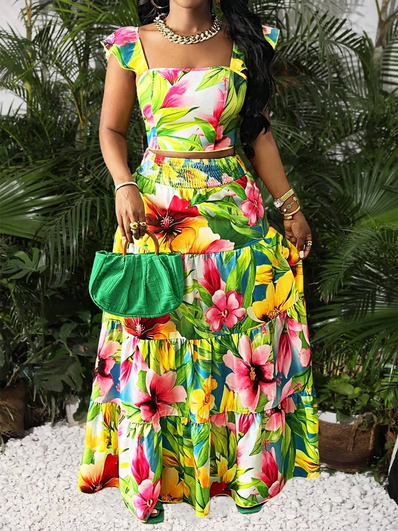 Women's Casual Vacation Colorful Floral Tropical Print Cap Sleeve Top And Tiered Maxi Skirt Set
Women's Casual Vacation Colorful Floral Tropical Print Cap Sleeve Top And Tiered Maxi Skirt Set