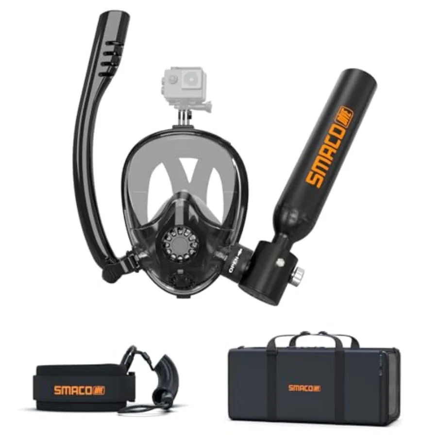 Snorkeling: aluminum, black, DOT-certified 0.5L mini scuba tank with full-face snorkel mask and reusable lung air system
Snorkeling: aluminum, black, DOT-certified 0.5L mini scuba tank with full-face snorkel mask and reusable lung air system