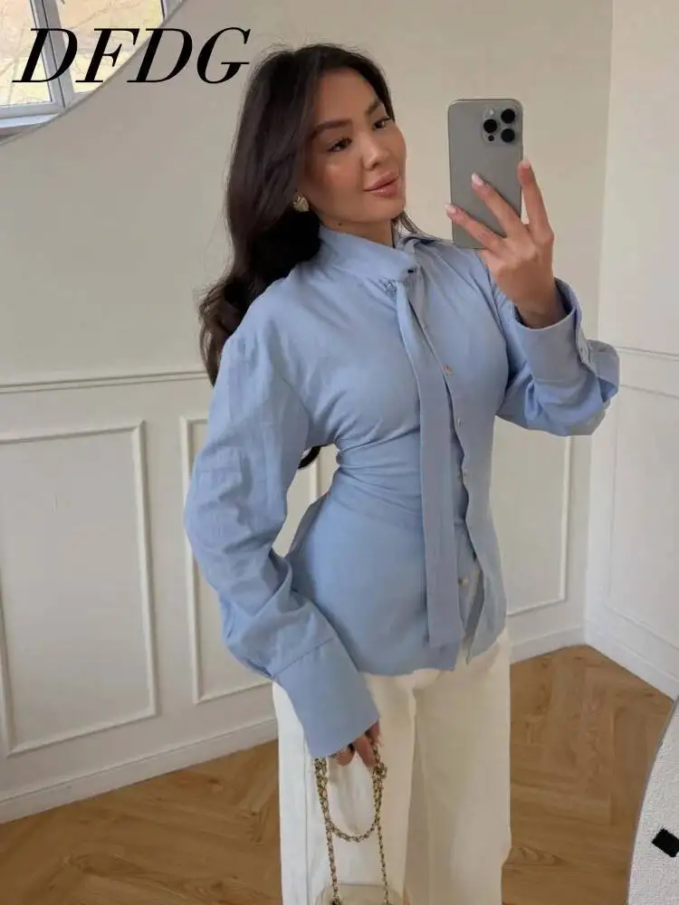 DFDG Women 2026 Spring Summer Tie Neck Ruched Waist Long Sleeve Button Down Shirt Elegant Slim Fit Office Casual Fashion Blouse
DFDG Women 2026 Spring Summer Tie Neck Ruched Waist Long Sleeve Button Down Shirt Elegant Slim Fit Office Casual Fashion Blouse