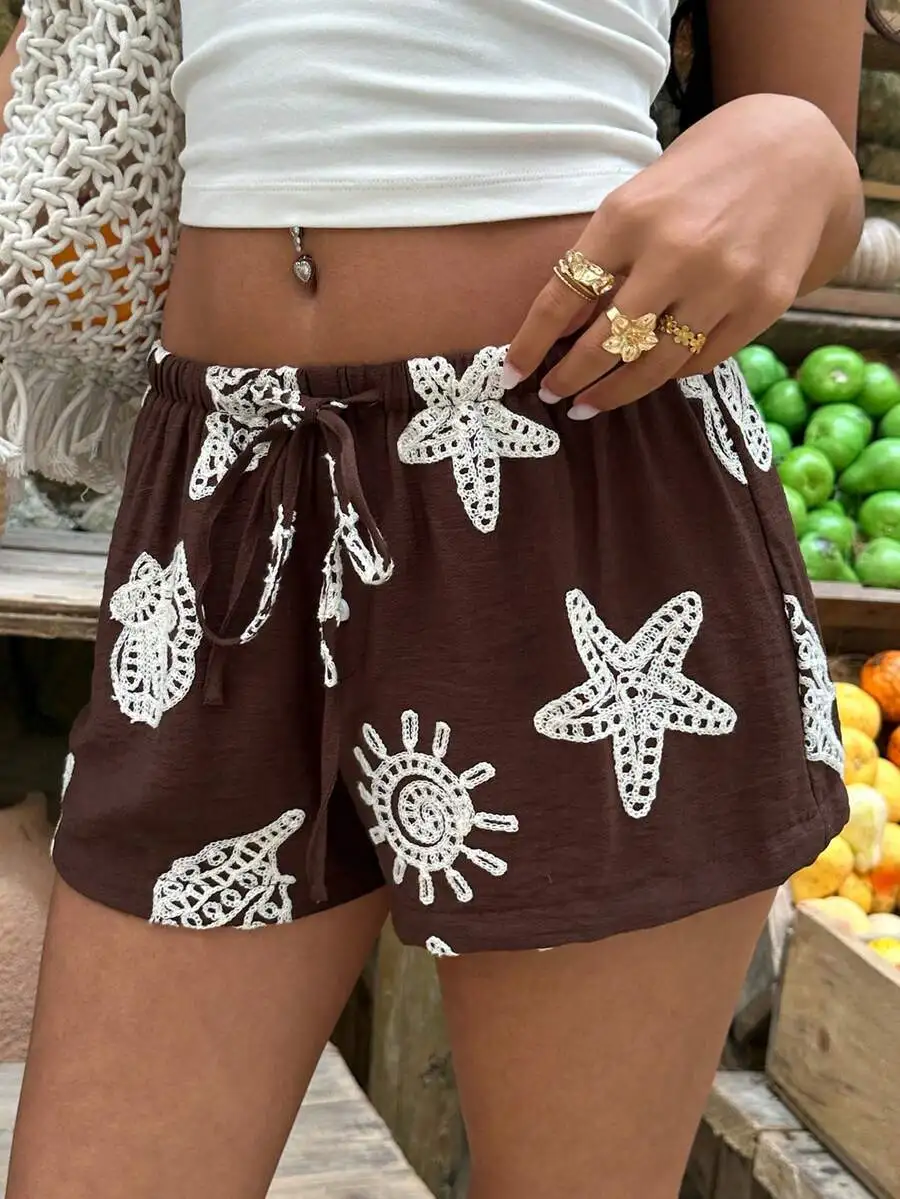 Womens Brown Crochet Starfish Print Drawstring Waist Shorts Beach Casual Bohemian Style
Womens Brown Crochet Starfish Print Drawstring Waist Shorts Beach Casual Bohemian Style