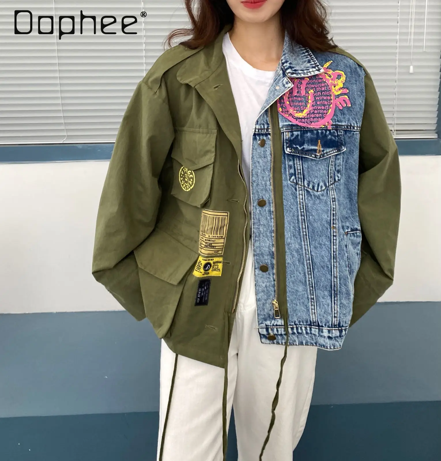 Street Fashion Printed Cargo Jacket Denim Patchwork Pocket Zipper Drawstring Long Sleeve Lapel Loose Casual Women's Tops Coat
Street Fashion Printed Cargo Jacket Denim Patchwork Pocket Zipper Drawstring Long Sleeve Lapel Loose Casual Women's Tops Coat
