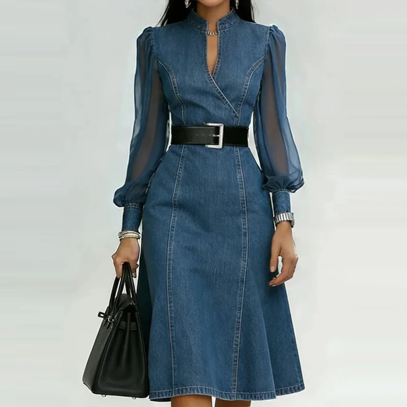 Women New Spring V Neck High Waist A-Line Party DressSummer Mesh Sleeve Office Ladies Dress Vintage Solid Color Denim Dress for
Women New Spring V Neck High Waist A-Line Party DressSummer Mesh Sleeve Office Ladies Dress Vintage Solid Color Denim Dress for