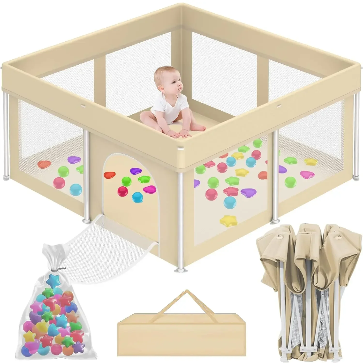 Foldable Playpen for Babies and Toddlers, 50"×50" Portable Playard with Carry Bag & 50 Ocean Balls, Indoor & Outdoor Baby Fence
Foldable Playpen for Babies and Toddlers, 50"×50" Portable Playard with Carry Bag & 50 Ocean Balls, Indoor & Outdoor Baby Fence