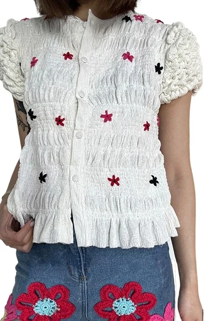 Women's new embroidered round neck shirt short sleeve elastic pleated design office ladies elegant top
Women's new embroidered round neck shirt short sleeve elastic pleated design office ladies elegant top