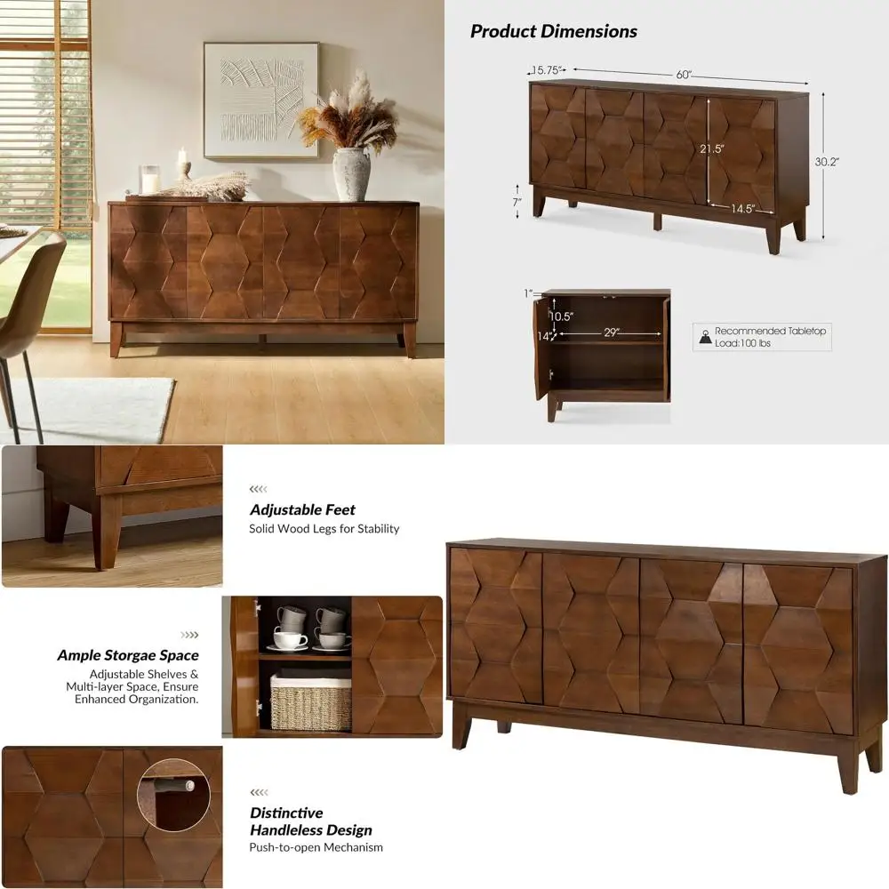 60 Walnut Kitchen Sideboard with 4 Doors & 2 Shelves, Solid Wood Legs Storage Cabinet
60 Walnut Kitchen Sideboard with 4 Doors & 2 Shelves, Solid Wood Legs Storage Cabinet