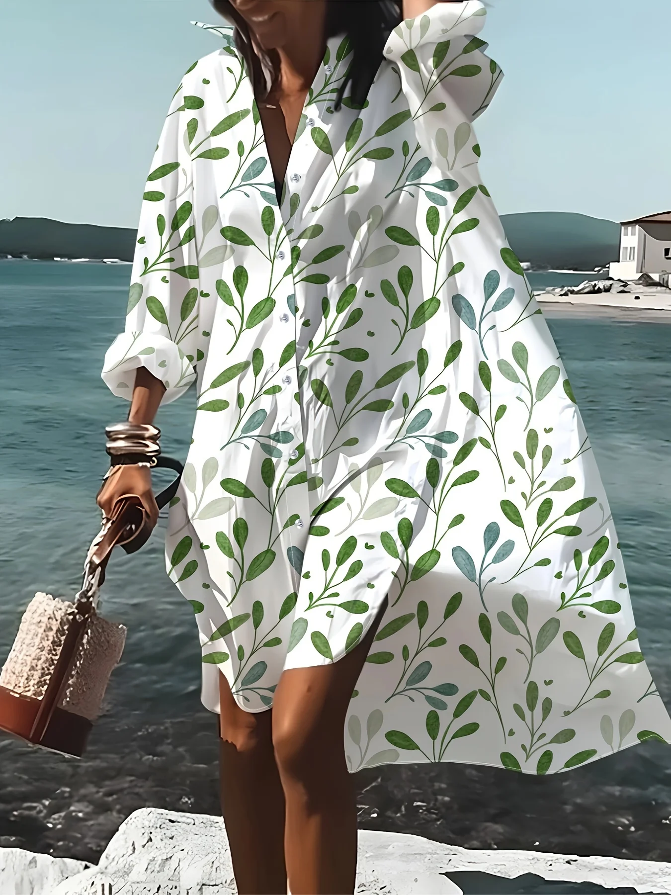 Casual Long Sleeve Shirt Dress with Green Leaf Plant Print Women Summer Fall Fashion Loose Fit Button Down Midi Dress
Casual Long Sleeve Shirt Dress with Green Leaf Plant Print Women Summer Fall Fashion Loose Fit Button Down Midi Dress