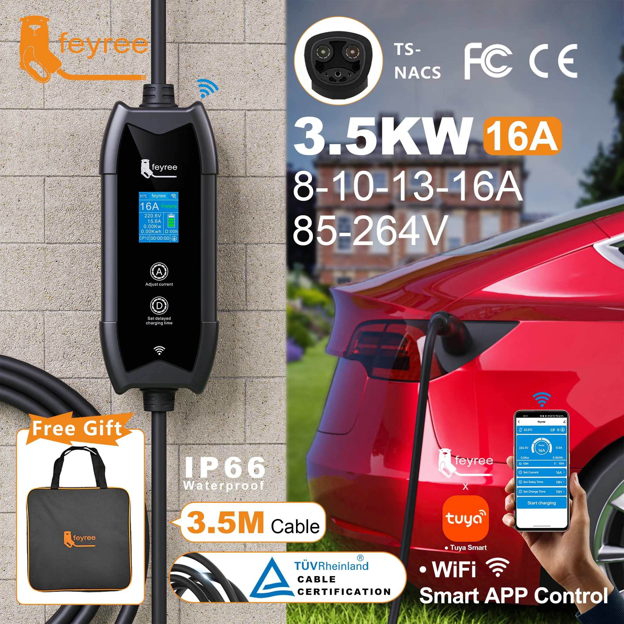 feyree EV Charger TS-NACS Socket 16A 3.5KW APP Control EVSE Portable Charging for Tesla Cars Models 3/Y/S/X Set Charge&DelayTime
feyree EV Charger TS-NACS Socket 16A 3.5KW APP Control EVSE Portable Charging for Tesla Cars Models 3/Y/S/X Set Charge&DelayTime