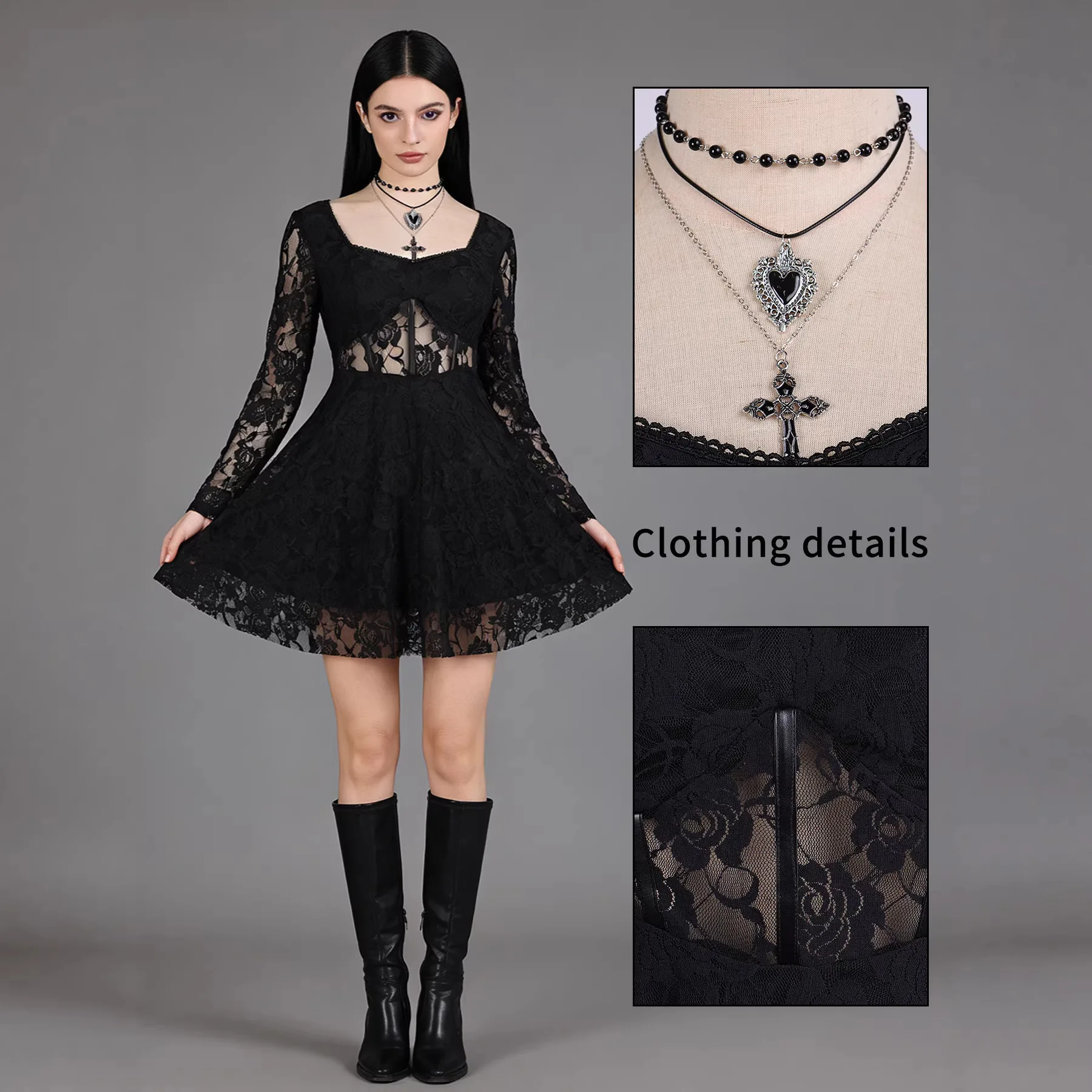 Women's Gothic Vintage Witch Cosplay Dress Black Lace Short Dresses Necklace 2Pcs Set Cos Costume for Halloween Performance
Women's Gothic Vintage Witch Cosplay Dress Black Lace Short Dresses Necklace 2Pcs Set Cos Costume for Halloween Performance